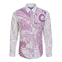 Aotearoa Maori Sea Animals Tribal Long Sleeve Button Shirt Manta Ray and Shark Moko Pattern Pink Color