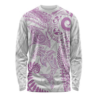 Aotearoa Maori Sea Animals Tribal Long Sleeve Shirt Manta Ray and Shark Moko Pattern Pink Color