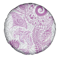 Aotearoa Maori Sea Animals Tribal Spare Tire Cover Manta Ray and Shark Moko Pattern Pink Color
