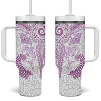 Aotearoa Maori Sea Animals Tribal Tumbler With Handle Manta Ray and Shark Moko Pattern Pink Color LT03 One Size: 40 oz Pink - Polynesian Pride