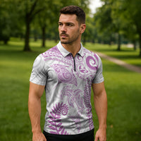 Aotearoa Maori Sea Animals Tribal Zipper Polo Shirt Manta Ray and Shark Moko Pattern Pink Color