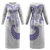 Aotearoa Maori Sea Animals Tribal Couples Matching Long Sleeve Bodycon Dress and Hawaiian Shirt Manta Ray and Shark Moko Pattern Purple Color LT03 - Polynesian Pride