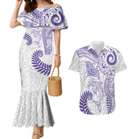 Aotearoa Maori Sea Animals Tribal Couples Matching Mermaid Dress and Hawaiian Shirt Manta Ray and Shark Moko Pattern Purple Color