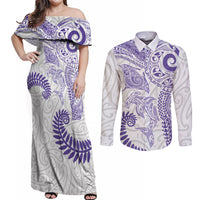 Aotearoa Maori Sea Animals Tribal Couples Matching Off Shoulder Maxi Dress and Long Sleeve Button Shirt Manta Ray and Shark Moko Pattern Purple Color LT03 Purple - Polynesian Pride
