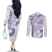Aotearoa Maori Sea Animals Tribal Couples Matching Off The Shoulder Long Sleeve Dress and Long Sleeve Button Shirt Manta Ray and Shark Moko Pattern Purple Color
