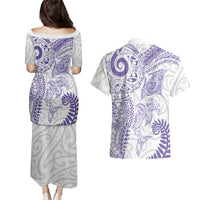 Aotearoa Maori Sea Animals Tribal Couples Matching Puletasi and Hawaiian Shirt Manta Ray and Shark Moko Pattern Purple Color