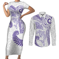 Aotearoa Maori Sea Animals Tribal Couples Matching Short Sleeve Bodycon Dress and Long Sleeve Button Shirt Manta Ray and Shark Moko Pattern Purple Color LT03 Purple - Polynesian Pride