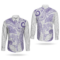 Aotearoa Maori Sea Animals Tribal Couples Matching Short Sleeve Bodycon Dress and Long Sleeve Button Shirt Manta Ray and Shark Moko Pattern Purple Color LT03 - Polynesian Pride
