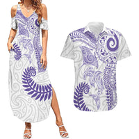 Aotearoa Maori Sea Animals Tribal Couples Matching Summer Maxi Dress and Hawaiian Shirt Manta Ray and Shark Moko Pattern Purple Color