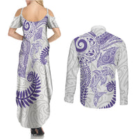 Aotearoa Maori Sea Animals Tribal Couples Matching Summer Maxi Dress and Long Sleeve Button Shirt Manta Ray and Shark Moko Pattern Purple Color LT03 - Polynesian Pride