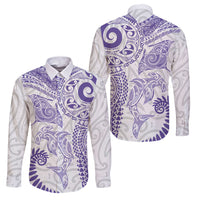 Aotearoa Maori Sea Animals Tribal Family Matching Mermaid Dress and Hawaiian Shirt Manta Ray and Shark Moko Pattern Purple Color LT03 Dad's Shirt - Long Sleeve Purple - Polynesian Pride