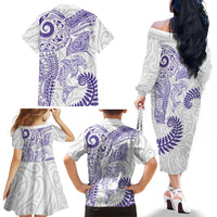 Aotearoa Maori Sea Animals Tribal Family Matching Off The Shoulder Long Sleeve Dress and Hawaiian Shirt Manta Ray and Shark Moko Pattern Purple Color LT03 Mom's Dress Purple - Polynesian Pride