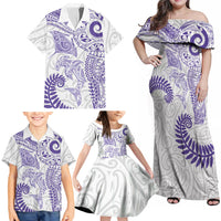 Aotearoa Maori Sea Animals Tribal Family Matching Off Shoulder Maxi Dress and Hawaiian Shirt Manta Ray and Shark Moko Pattern Purple Color