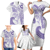 Aotearoa Maori Sea Animals Tribal Family Matching Short Sleeve Bodycon Dress and Hawaiian Shirt Manta Ray and Shark Moko Pattern Purple Color LT03 - Polynesian Pride