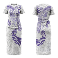 Aotearoa Maori Sea Animals Tribal Family Matching Short Sleeve Bodycon Dress and Hawaiian Shirt Manta Ray and Shark Moko Pattern Purple Color LT03 Mom's Dress Purple - Polynesian Pride