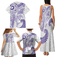 Aotearoa Maori Sea Animals Tribal Family Matching Tank Maxi Dress and Hawaiian Shirt Manta Ray and Shark Moko Pattern Purple Color LT03 Mom's Dress Purple - Polynesian Pride
