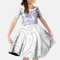 Aotearoa Maori Sea Animals Tribal Kid Short Sleeve Dress Manta Ray and Shark Moko Pattern Purple Color