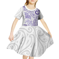 Aotearoa Maori Sea Animals Tribal Kid Short Sleeve Dress Manta Ray and Shark Moko Pattern Purple Color