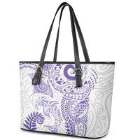 Aotearoa Maori Sea Animals Tribal Leather Tote Bag Manta Ray and Shark Moko Pattern Purple Color