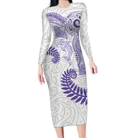 Aotearoa Maori Sea Animals Tribal Long Sleeve Bodycon Dress Manta Ray and Shark Moko Pattern Purple Color LT03 Long Dress Purple - Polynesian Pride