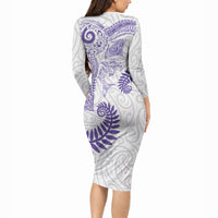 Aotearoa Maori Sea Animals Tribal Long Sleeve Bodycon Dress Manta Ray and Shark Moko Pattern Purple Color LT03 - Polynesian Pride
