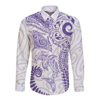 Aotearoa Maori Sea Animals Tribal Long Sleeve Button Shirt Manta Ray and Shark Moko Pattern Purple Color LT03 Unisex Purple - Polynesian Pride