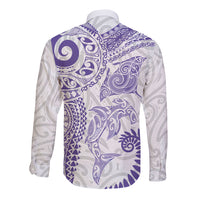 Aotearoa Maori Sea Animals Tribal Long Sleeve Button Shirt Manta Ray and Shark Moko Pattern Purple Color LT03 - Polynesian Pride