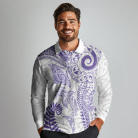 Aotearoa Maori Sea Animals Tribal Long Sleeve Polo Shirt Manta Ray and Shark Moko Pattern Purple Color
