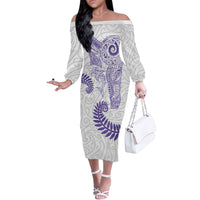 Aotearoa Maori Sea Animals Tribal Off The Shoulder Long Sleeve Dress Manta Ray and Shark Moko Pattern Purple Color