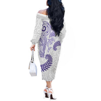 Aotearoa Maori Sea Animals Tribal Off The Shoulder Long Sleeve Dress Manta Ray and Shark Moko Pattern Purple Color