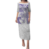 Aotearoa Maori Sea Animals Tribal Puletasi Manta Ray and Shark Moko Pattern Purple Color LT03 Long Dress Purple - Polynesian Pride