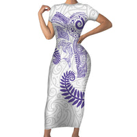 Aotearoa Maori Sea Animals Tribal Short Sleeve Bodycon Dress Manta Ray and Shark Moko Pattern Purple Color LT03 Long Dress Purple - Polynesian Pride