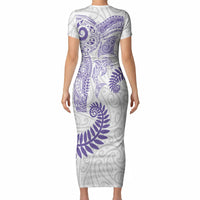 Aotearoa Maori Sea Animals Tribal Short Sleeve Bodycon Dress Manta Ray and Shark Moko Pattern Purple Color LT03 - Polynesian Pride