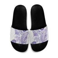 Aotearoa Maori Sea Animals Tribal Slide Sandals Manta Ray and Shark Moko Pattern Purple Color