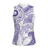 Aotearoa Maori Sea Animals Tribal Women Sleeveless Polo Shirt Manta Ray and Shark Moko Pattern Purple Color