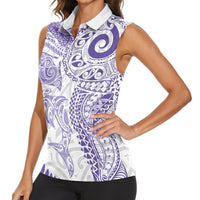 Aotearoa Maori Sea Animals Tribal Women Sleeveless Polo Shirt Manta Ray and Shark Moko Pattern Purple Color