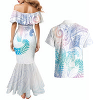 Aotearoa Maori Sea Animals Tribal Couples Matching Mermaid Dress and Hawaiian Shirt Manta Ray and Shark Moko Pattern Sweet Pastel
