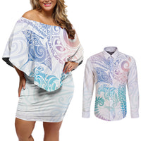 Aotearoa Maori Sea Animals Tribal Couples Matching Off Shoulder Short Dress and Long Sleeve Button Shirt Manta Ray and Shark Moko Pattern Sweet Pastel LT03 Multicolor - Polynesian Pride