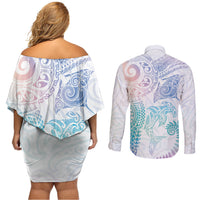 Aotearoa Maori Sea Animals Tribal Couples Matching Off Shoulder Short Dress and Long Sleeve Button Shirt Manta Ray and Shark Moko Pattern Sweet Pastel LT03 - Polynesian Pride