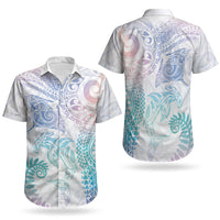 Aotearoa Maori Sea Animals Tribal Couples Matching Off The Shoulder Long Sleeve Dress and Hawaiian Shirt Manta Ray and Shark Moko Pattern Sweet Pastel LT03 - Polynesian Pride
