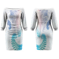 Aotearoa Maori Sea Animals Tribal Couples Matching Off The Shoulder Long Sleeve Dress and Hawaiian Shirt Manta Ray and Shark Moko Pattern Sweet Pastel LT03 - Polynesian Pride