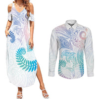 Aotearoa Maori Sea Animals Tribal Couples Matching Summer Maxi Dress and Long Sleeve Button Shirt Manta Ray and Shark Moko Pattern Sweet Pastel LT03 Multicolor - Polynesian Pride