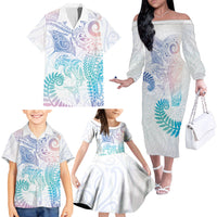 Aotearoa Maori Sea Animals Tribal Family Matching Off The Shoulder Long Sleeve Dress and Hawaiian Shirt Manta Ray and Shark Moko Pattern Sweet Pastel