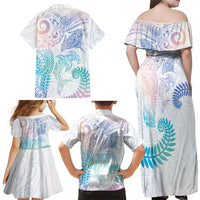 Aotearoa Maori Sea Animals Tribal Family Matching Off Shoulder Maxi Dress and Hawaiian Shirt Manta Ray and Shark Moko Pattern Sweet Pastel LT03 Mom's Dress Multicolor - Polynesian Pride