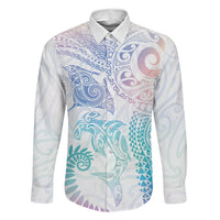 Aotearoa Maori Sea Animals Tribal Family Matching Short Sleeve Bodycon Dress and Hawaiian Shirt Manta Ray and Shark Moko Pattern Sweet Pastel LT03 Daughter's Dress Multicolor - Polynesian Pride
