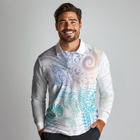 Aotearoa Maori Sea Animals Tribal Long Sleeve Polo Shirt Manta Ray and Shark Moko Pattern Sweet Pastel