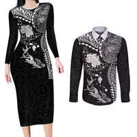 Hawaiian Manta Ray Tribal Couples Matching Long Sleeve Bodycon Dress and Long Sleeve Button Shirt Polynesian Art Motifs Black Color LT03 Black - Polynesian Pride