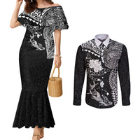 Hawaiian Manta Ray Tribal Couples Matching Mermaid Dress and Long Sleeve Button Shirt Polynesian Art Motifs Black Color LT03 Black - Polynesian Pride