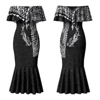 Hawaiian Manta Ray Tribal Couples Matching Mermaid Dress and Long Sleeve Button Shirt Polynesian Art Motifs Black Color LT03 - Polynesian Pride