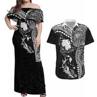Hawaiian Manta Ray Tribal Couples Matching Off Shoulder Maxi Dress and Hawaiian Shirt Polynesian Art Motifs Black Color LT03 Black - Polynesian Pride